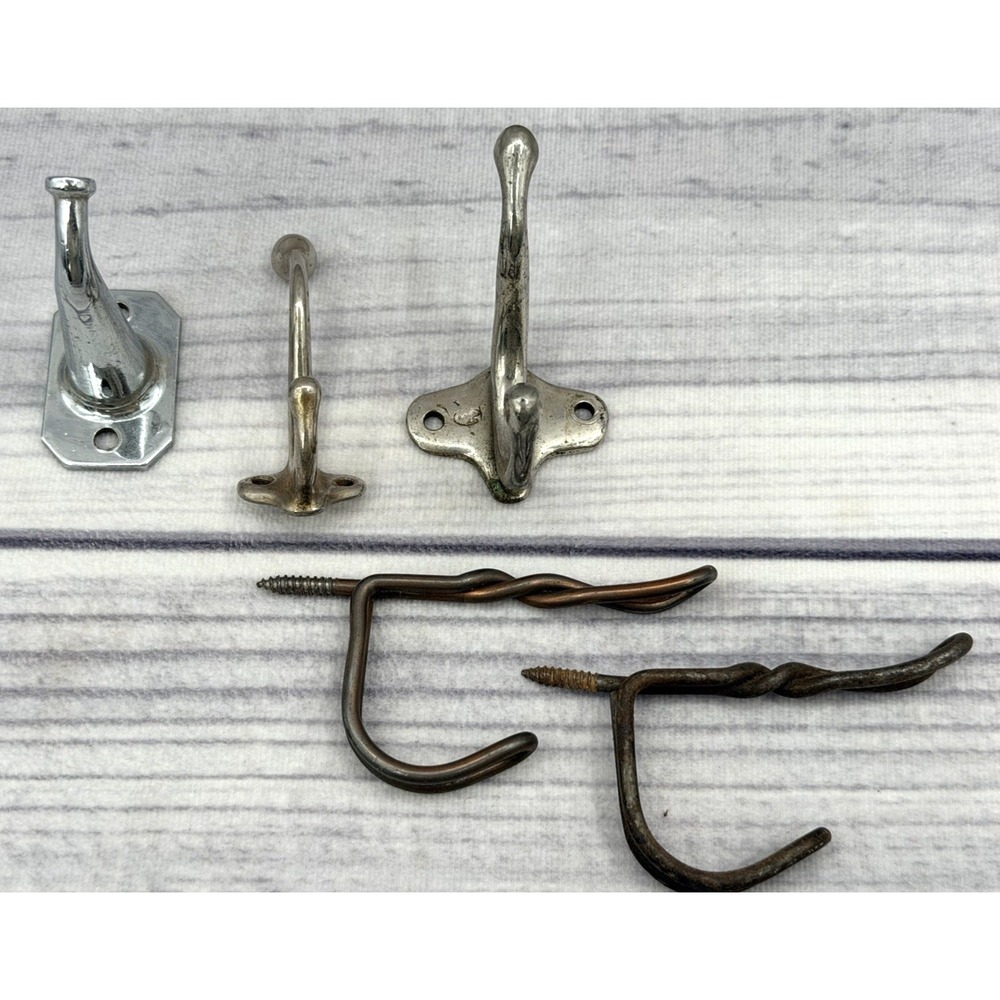LOT OF 5 VINTAGE SALVAGED COAT HOOKS - ASSORTED SIZES